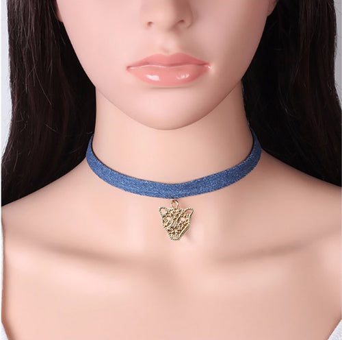 Tassel Jean Denim Collar Choker Necklace with Pendant  for Woman, Girl