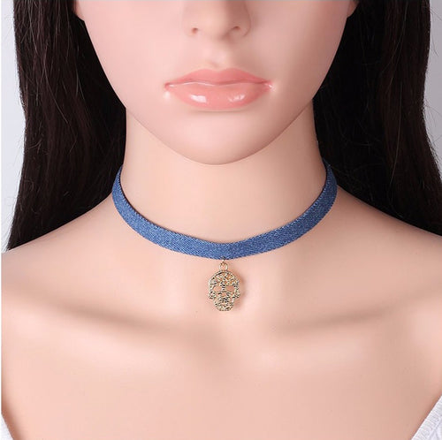 Tassel Jean Denim Collar Choker Necklace with Pendant for Woman, Girl